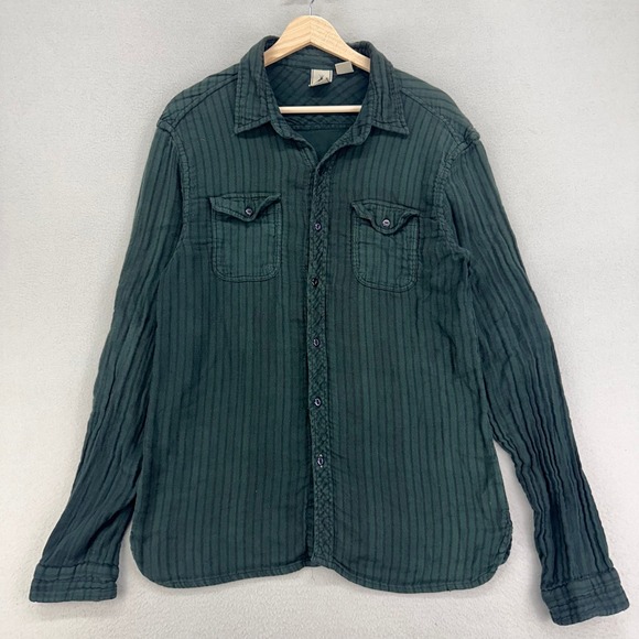 Anthropologie Three Feathers Button Up Shirt Womens L Green Striped Gauzy Cotton - Picture 1 of 10
